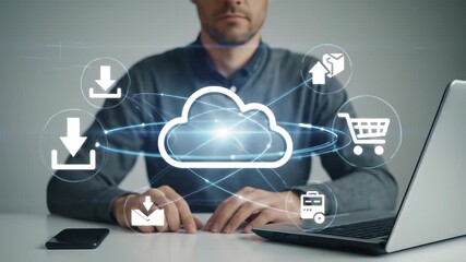 Cloud technology data storage download upload business digital network connection innovation and futuristic concept with person using laptop and cloud computing icons, digital download, online - Powered by Adobe