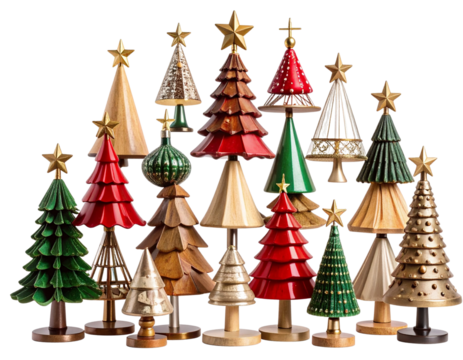  Stacked Composition of Multiple Vintage Tree Toppers in Gradient Size Order, Vertical Layout, Isolated