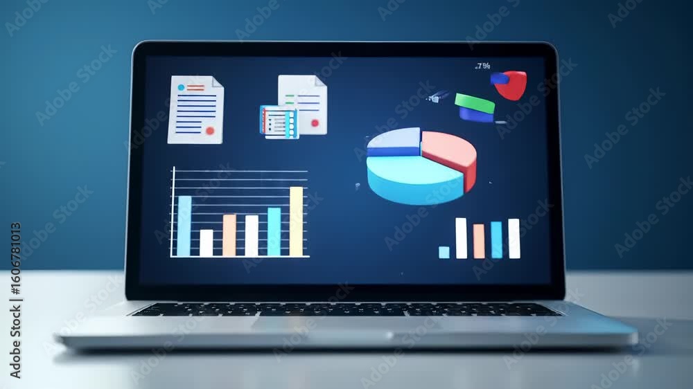 Aufkleber laptop computer displaying colorful data charts, bar graphs, pie chart, and documents screen for bus