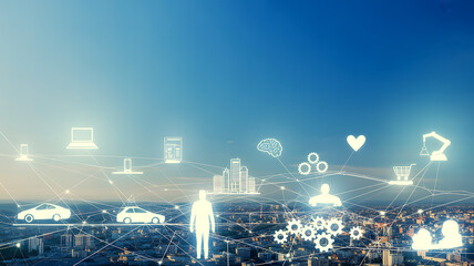 Interconnected digital technology icons over urban landscape network cityscape