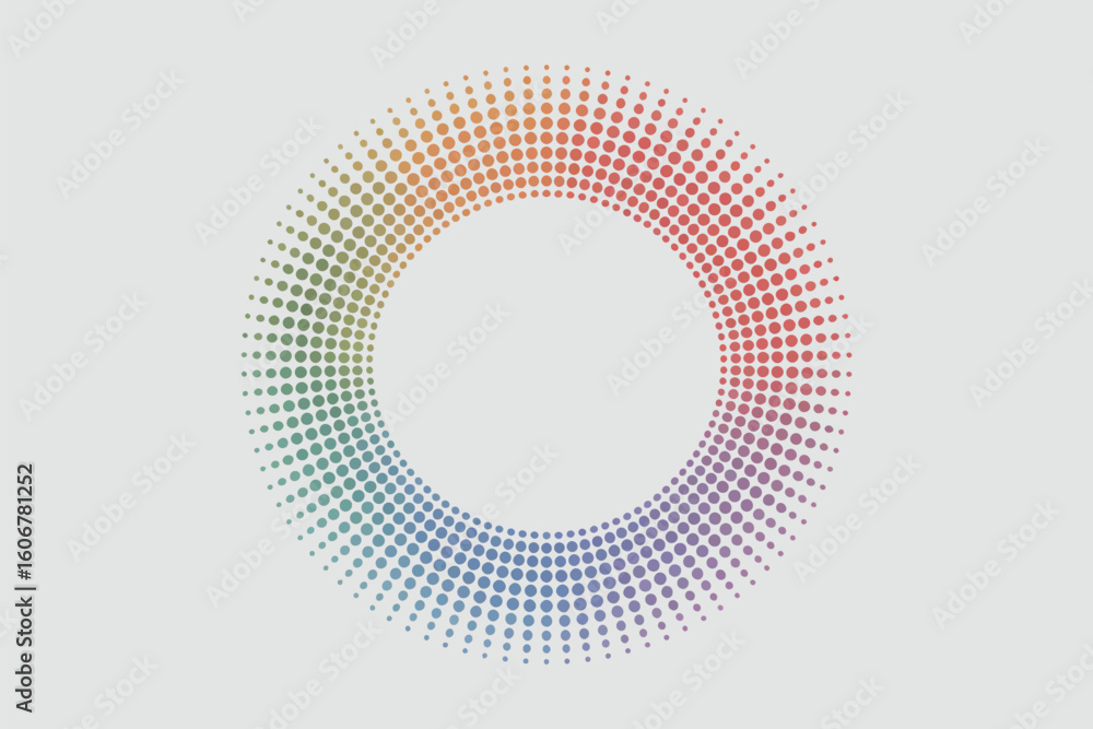 Poster a circular pattern of colored dots arranged in a ring shape on a plain background with a central voi