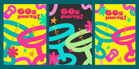 Retro design template with colorful champagne glasses. Vector illustration for a festive event.