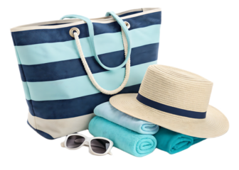 A beach bag with blue stripes and a hat with towels and sunglasses on a transparent background