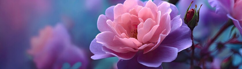 Naklejka premium Rugosa rose echo in floral tempo concept. A vibrant, close-up view of a beautiful pink and purple flower.