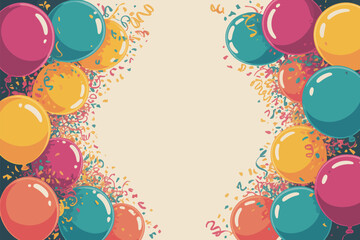 A festive arrangement of colorful balloons and confetti framing a blank space for celebratory messages