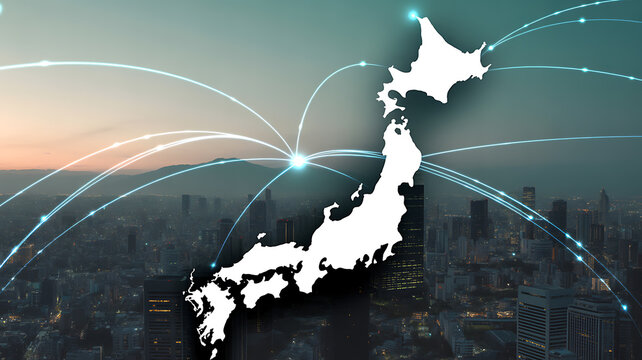 Japan map connections glowing network over cityscape image - Powered by Adobe
