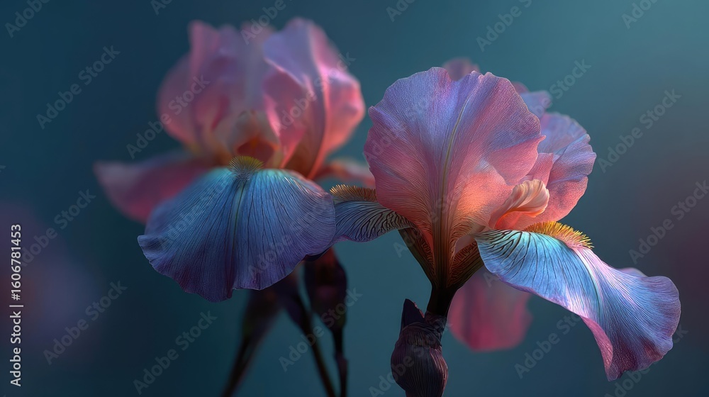 Poster iris balance in mood with flare concept. beautiful irises displaying vibrant colors in soft lighting
