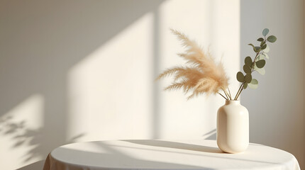Fototapeta premium Minimal Still Life of Dried Flowers in Neutral Ceramic Vase . 