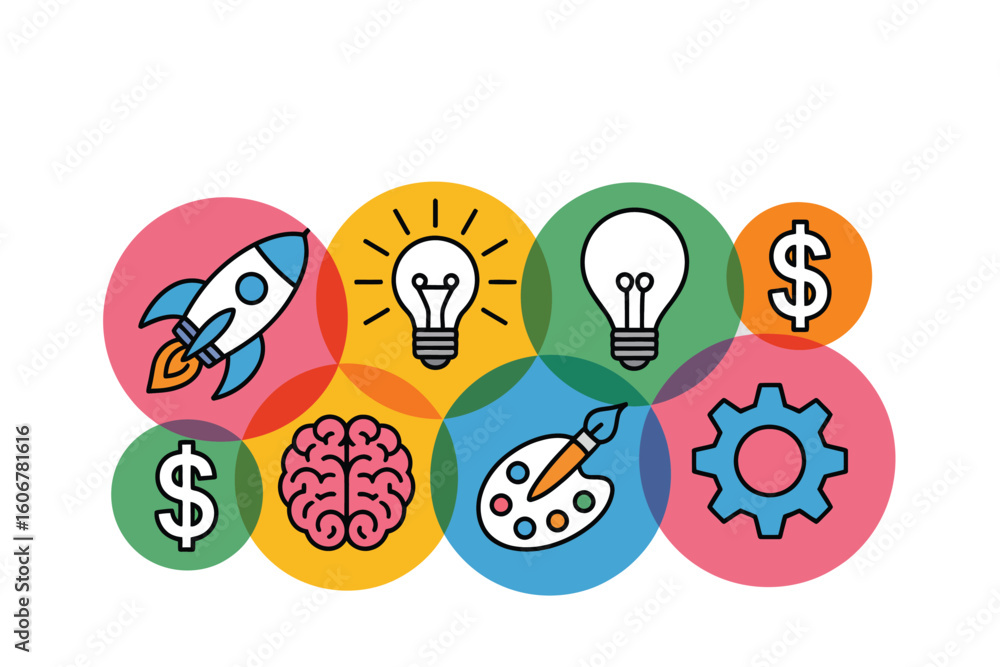 Aufkleber colorful icons representing startup ideas and creativity in overlapping circles on a white backgroun