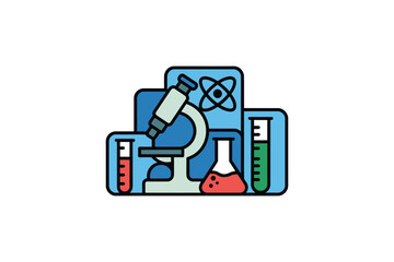Illustration of science equipment including a microscope test tubes and an atom on blue backgrounds