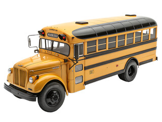 A vintage yellow school bus with black accents and tires parked on a black background in a studio shot