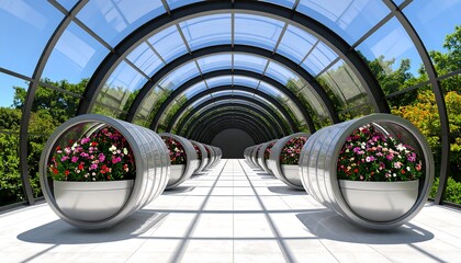 Walking Through Glass Tunnel with Flowers and Greenery