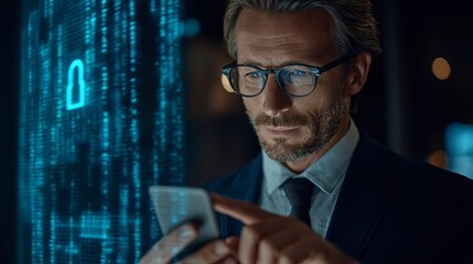 A middle-aged Caucasian man in glasses checks his smartphone, focused on digital security symbols in the background.