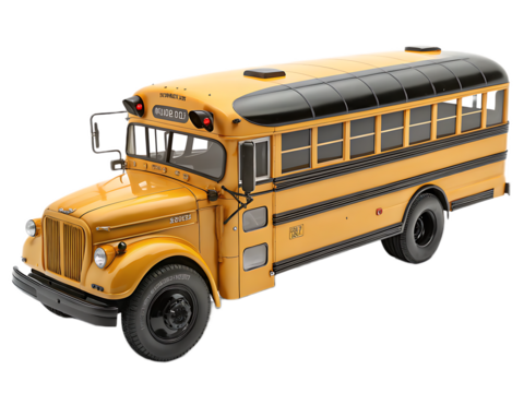 A vintage yellow school bus with black accents and tires parked on a black background in a studio shot
