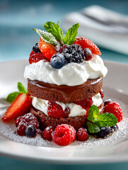 Elegant layered chocolate cake with fresh berries and mint garnish