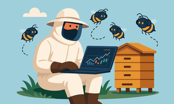 Flat vector illustration of a beekeeper in protective suit using a laptop near a beehive with bees flying around.  - Powered by Adobe