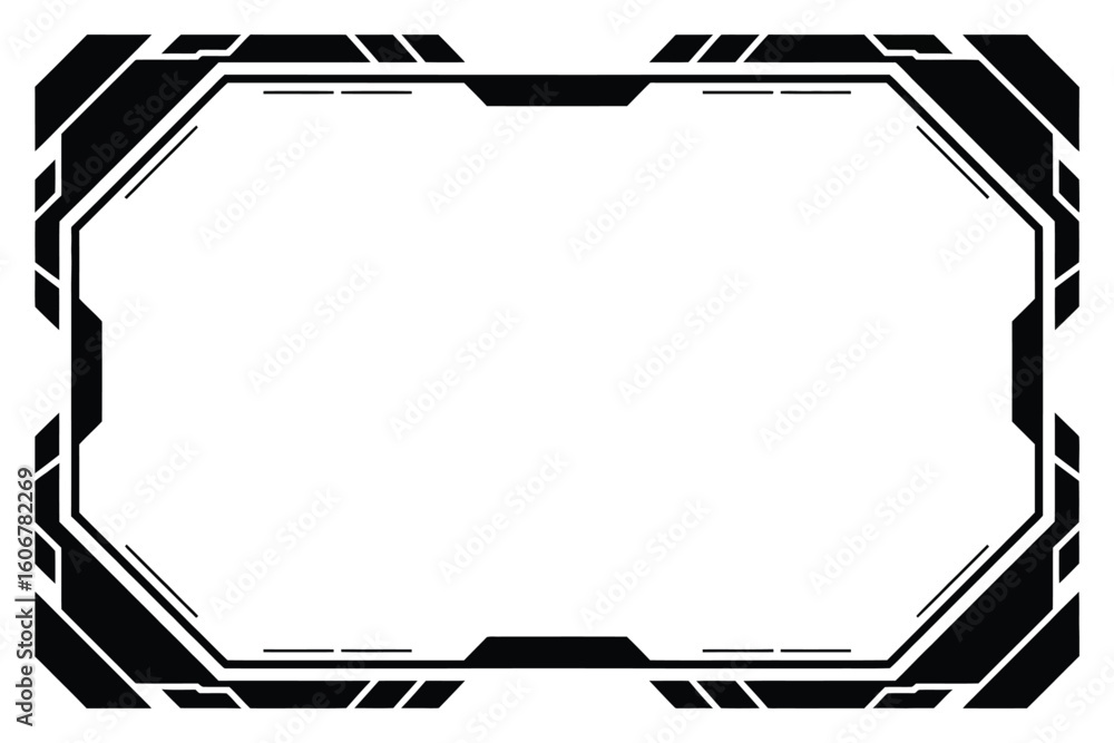 Poster a black and white graphic frame with a futuristic design and geometric shapes around a rectangular s