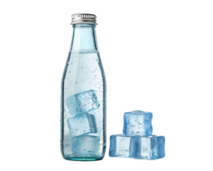 A refreshing light blue bottle with ice cubes inside and stacked ice cubes on the side isolated