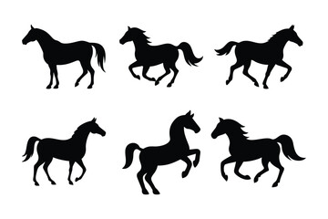 A graphic design featuring six black horse silhouettes in different dynamic poses against a white background.