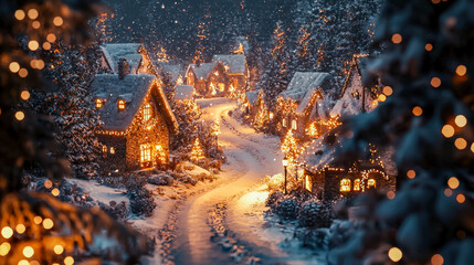 Cozy snow-covered village illuminated with festive lights during winter evening