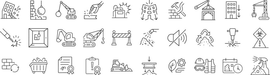 Demolition and construction icon set featuring building teardown, heavy machinery and site safety gear. Includes environmental compliance and permit documentation in detailed line vector illustration.