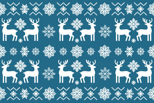 A seamless pattern featuring white reindeer and snowflakes on a blue background in a festive design