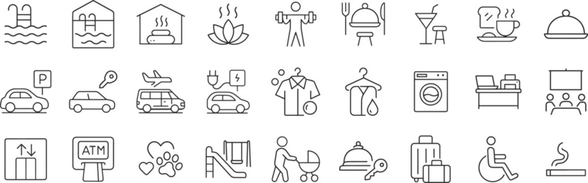 Hotel facilities icon set with services like swimming pool, restaurant, gym, and airport shuttle. Comprehensive amenities for guest comfort and convenience in clean line vector illustration. - Powered by Adobe