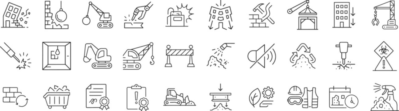 Demolition and construction icon set featuring building teardown, heavy machinery and site safety gear. Includes environmental compliance and permit documentation in detailed line vector illustration.