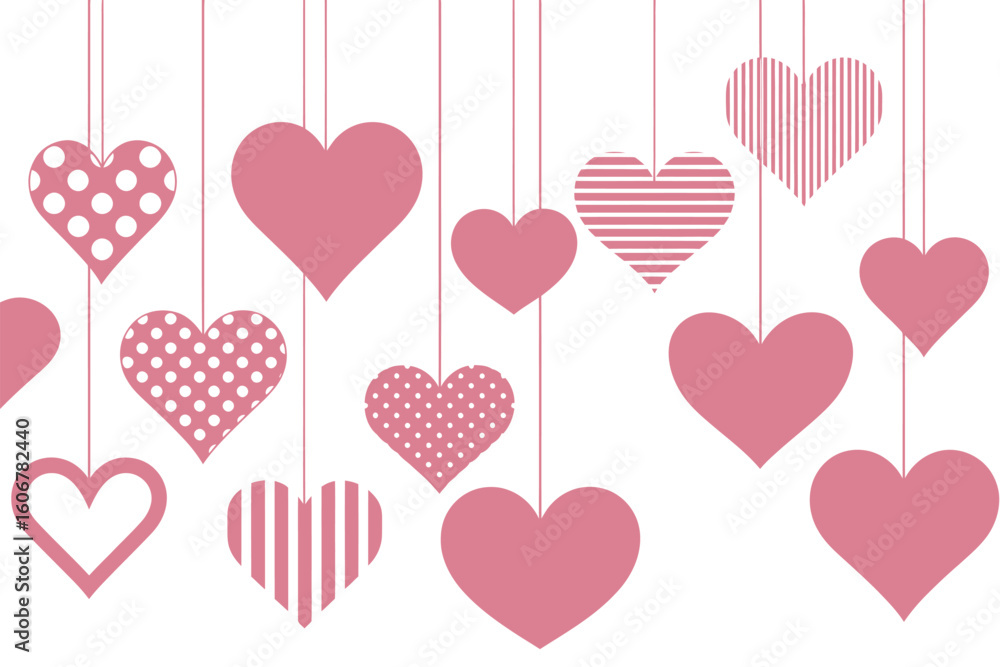 Poster assorted pink heart shapes hanging from strings against a white background with various patterns sho