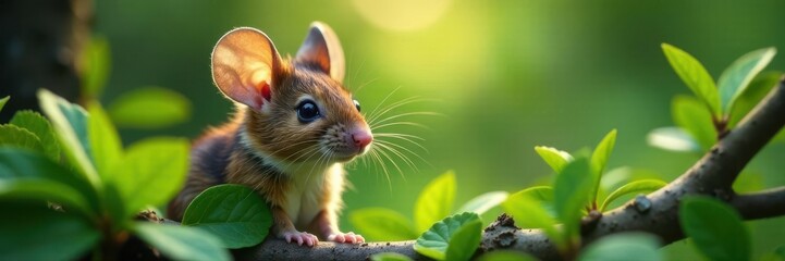 Obraz premium Mouse head & nose in foliage, branch detail visible, meadow, wildlife, animal
