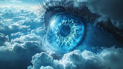 Giant blue eye superimposed over a cloudy sky, gazing forward, ethereal, dreamy, and surreal