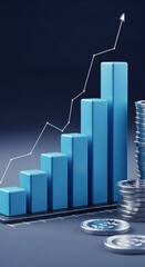 Ascending blue bar graph with rising white line and stacks of coins, illustrating financial growth and success