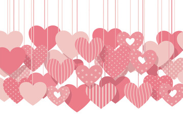 A collection of pink hearts hanging from strings against a white background valentine's day theme design