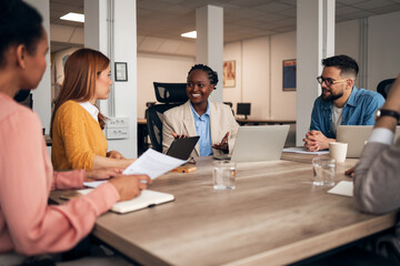 Diverse Team Engaged in a Collaborative Business Meeting in Modern Office Setting