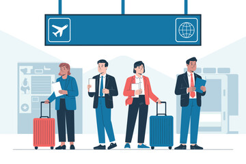 A group of four people standing with luggage at an airport under a sign with an airplane and globe icon