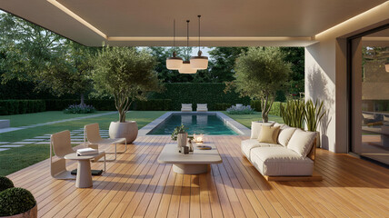 Spacious veranda of luxury villa overlooks landscaped garden and serene infinity pool.
