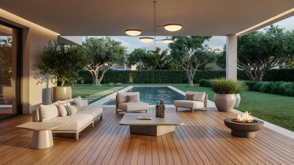 Fototapeta premium Spacious veranda of luxury villa overlooks landscaped garden and serene infinity pool. 