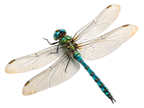 A detailed close up of a dragonfly with transparent wings and a blue and green body on black background