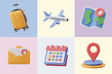 A collage of six travel themed icons including a suitcase, airplane, map, email, calendar and location pin