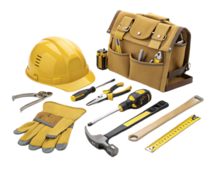 Still life arrangement of a yellow hard hat, tools, and a tool bag on a black background