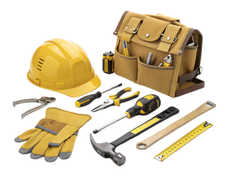 Still life arrangement of a yellow hard hat, tools, and a tool bag on a black background