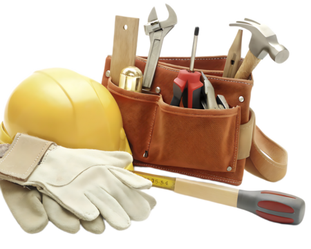 A still life of construction tools including a hard hat gloves and a tool belt with tools inside