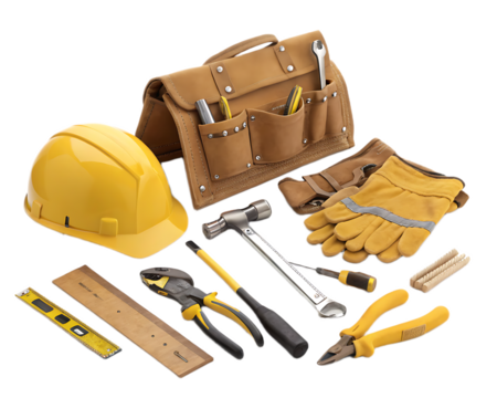 A construction worker's tools laid out including a hard hat and tool belt on a black background