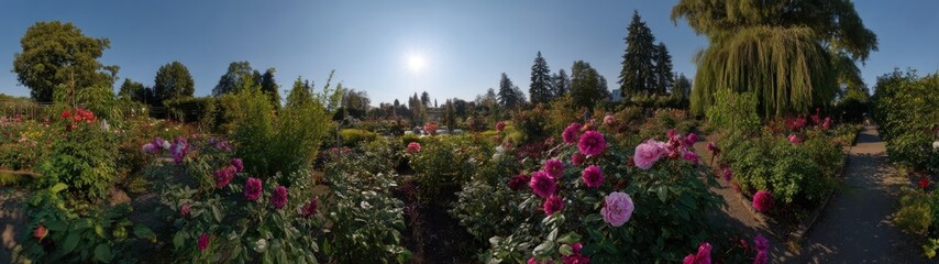 Vibrant rose garden panorama in nature hdr 360 degree view of colorful blooms