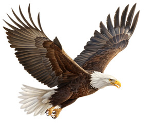 Obraz premium An illustration of a bald eagle soaring through the air with its wings fully extended and talons out