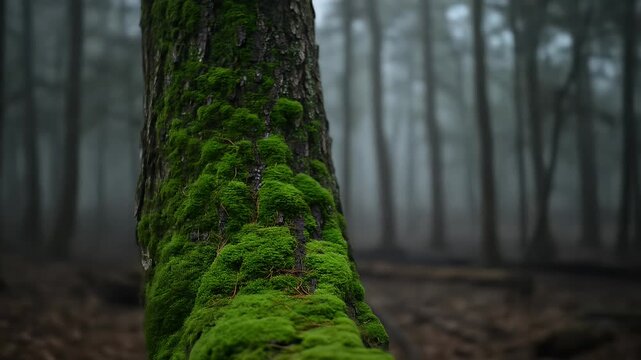 Moss Covered Tree Trunk in Misty Forest Environment