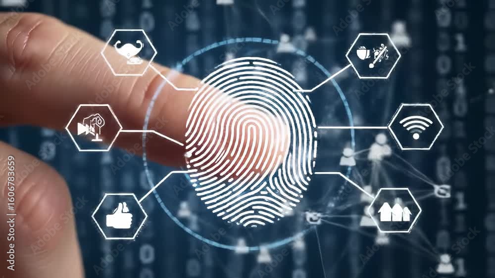Poster fingerprint biometric security digital technology authentication identification data network futuris