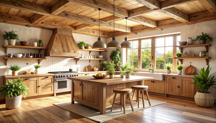 Fototapeta premium Warm and inviting kitchen featuring wooden cabinets, large island, and natural light streaming through windows. space is adorned with plants and rustic decor, creating cozy atmosphere