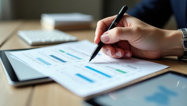 Mano con bolígrafo sobre el informe de resultados impreso y tableta con gráficos interactivos. Configuración del espacio de trabajo analítico