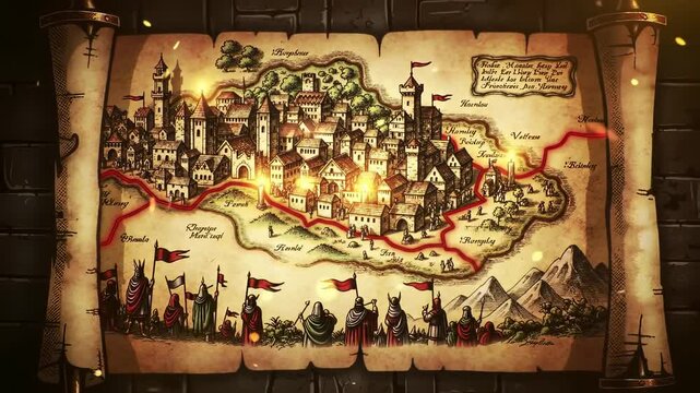 Ancient map medieval city illuminated parchment fantasy vintage castle tower wall with flag, mountain, river, historical adventure, mysterious old drawing, illustration, architecture, legend
